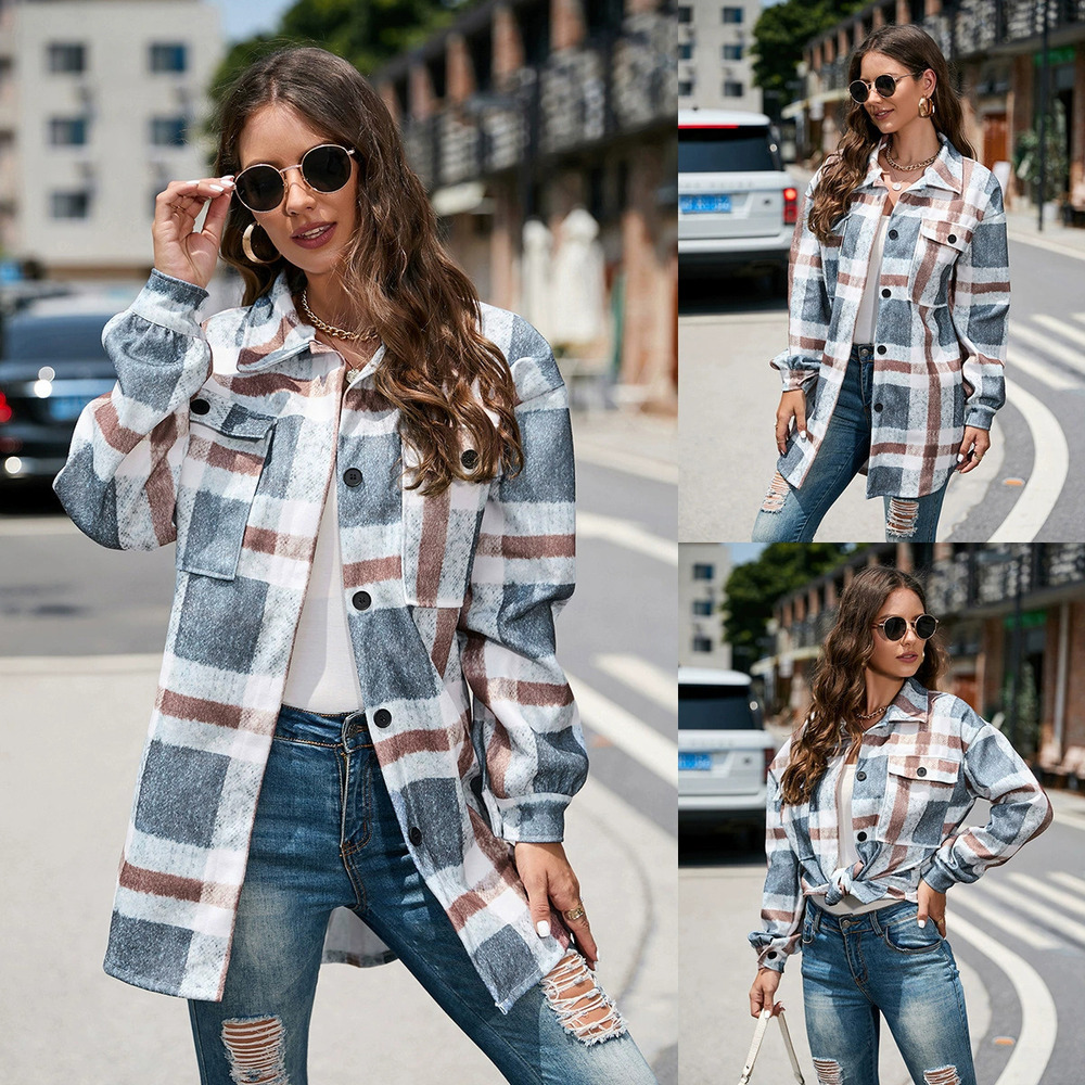 ZARA European Style Autumn Winter Street Plaid Notch Lapel Long Wool Coat